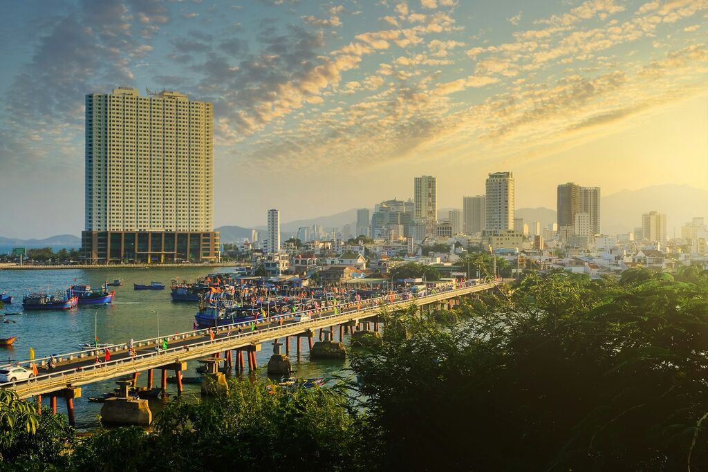 Nha Trang skyline and bridge at sunrise