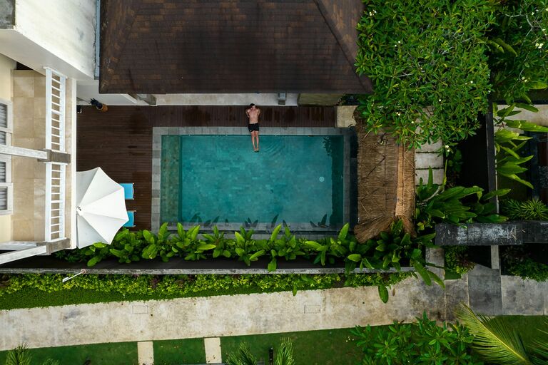Aerial view of a villa with a private swimming pool